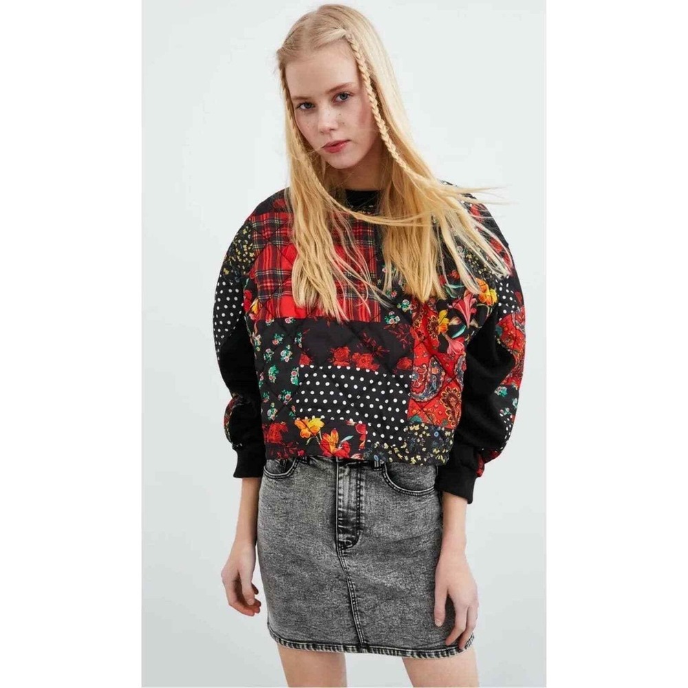 ZARA Patchwork Quilted‎ Cropped Sweatshirt Long Sleeve Women's Size M